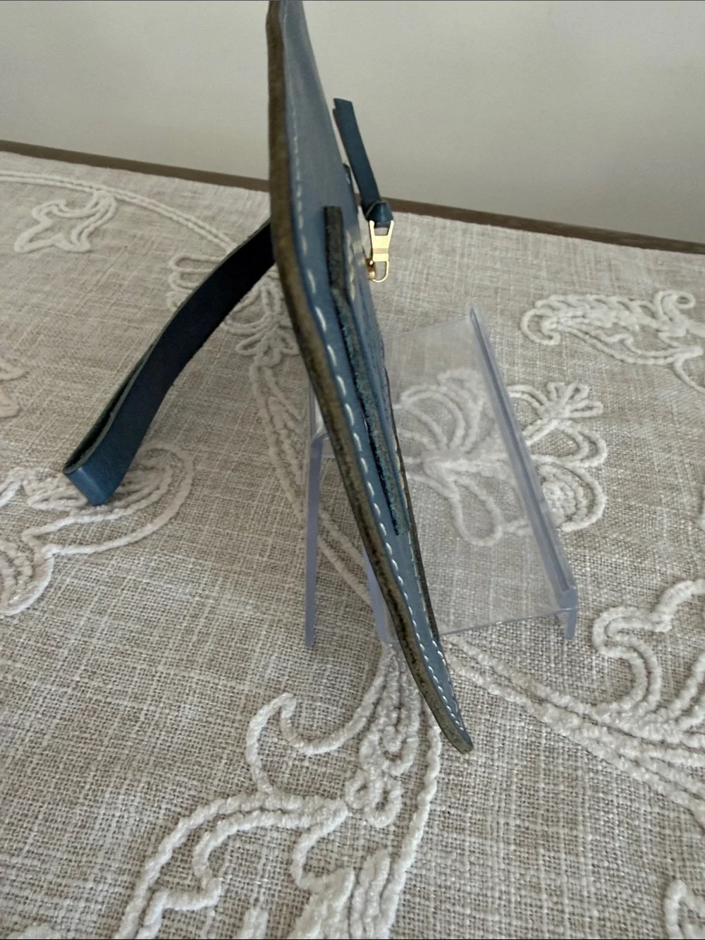 Portland Leather Goods Navy Blue Leather Wristlet Wallet with Gold Zip